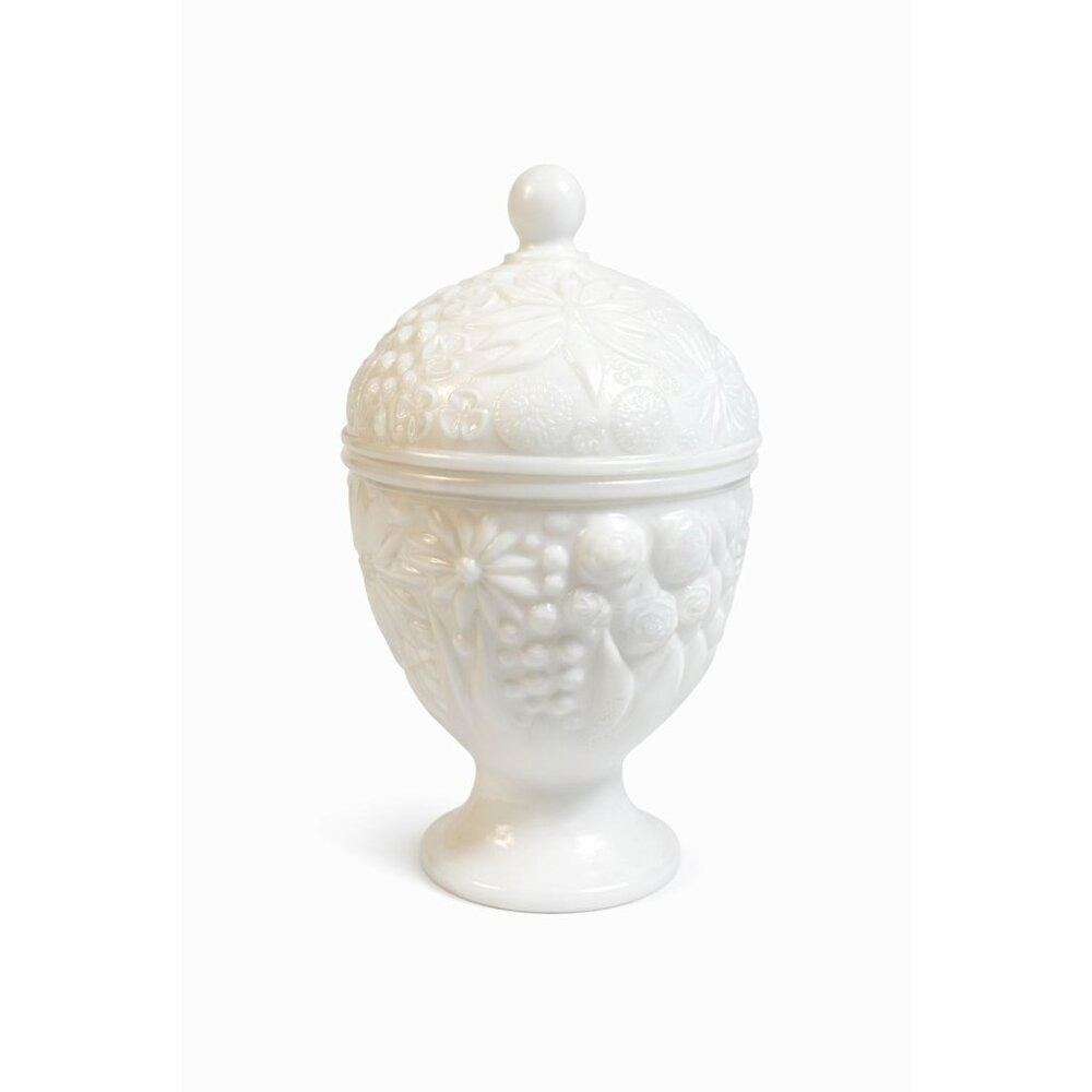 Salt Cellar Jar Compote Candy Dish Lid Egg Shaped Footed Pedestal White Milk Gla